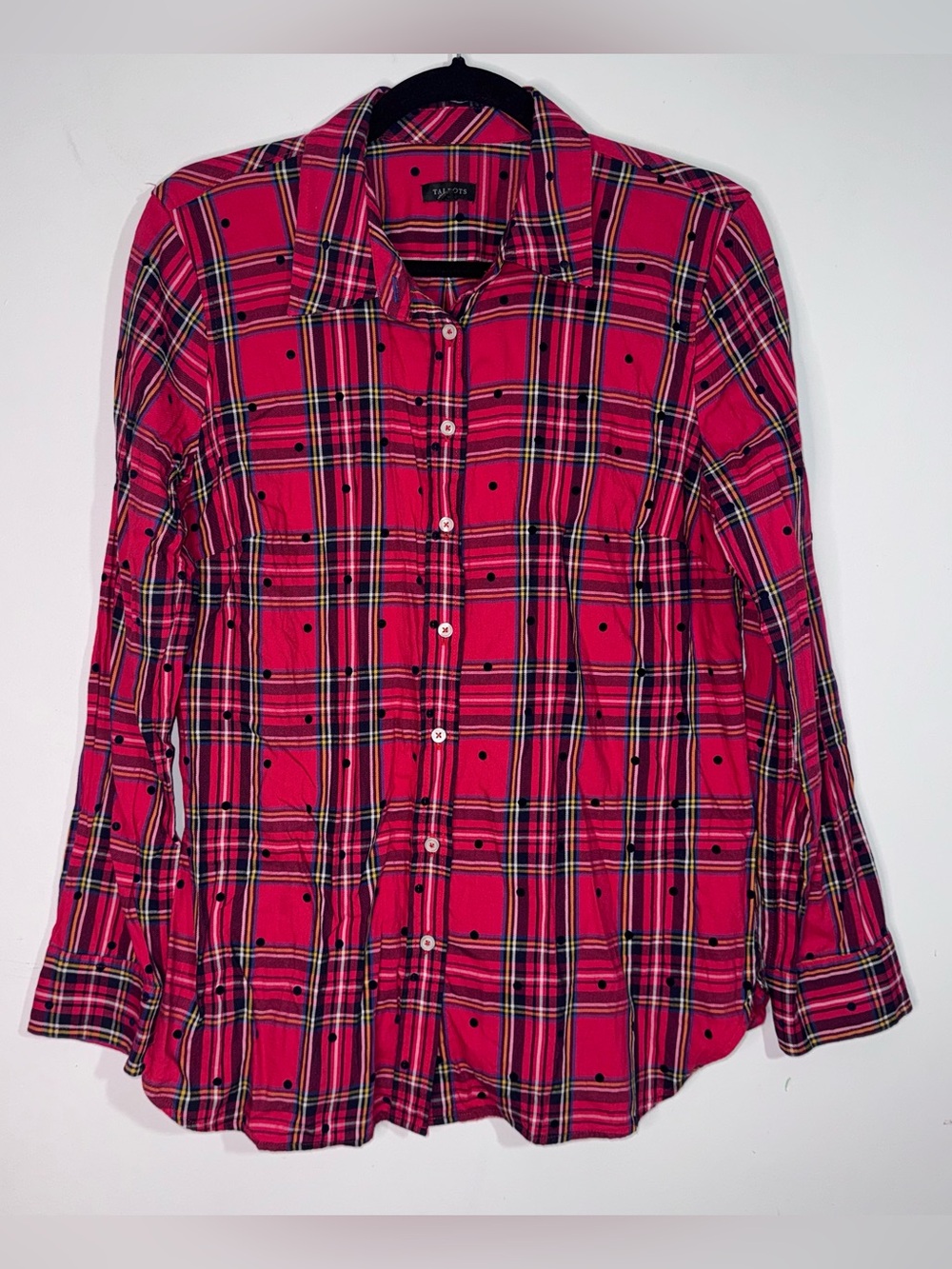 Talbots M Red Tartan Plaid Polka Dot Button Down Shirt Holiday Preppy